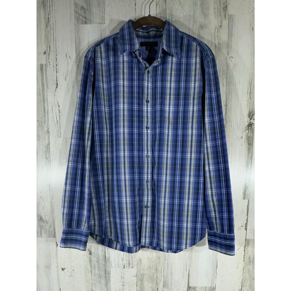 Banana Republic Mens Button Up‎ Shirt Size Medium 15-15.5 Blue Plaid 100% Cotton